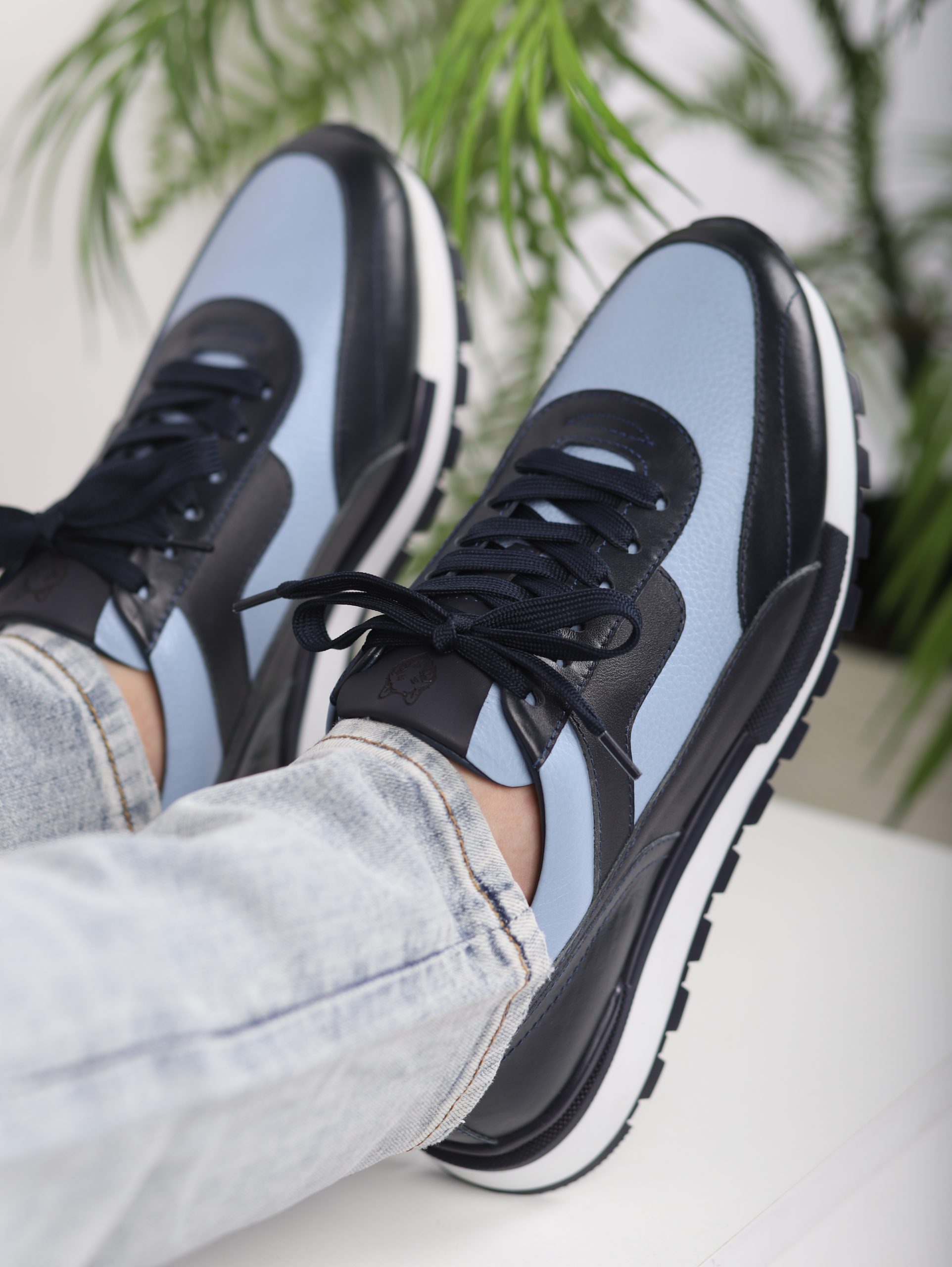 Echtleder Herren Sportschuhe Schwarz und Hellblau mit TPU-Sohle – Bild 5